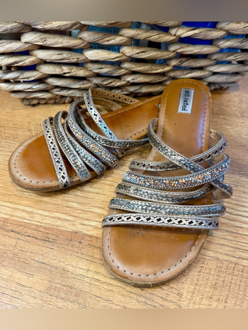 Womens 8.5 rose gold and silver glitter beaded strappy sandals